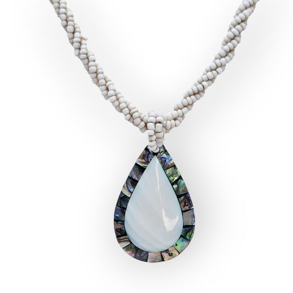 Boho Abalone Mosaic Teardrop Pendant Necklace – White Beaded Rope - Picture 3 of 10